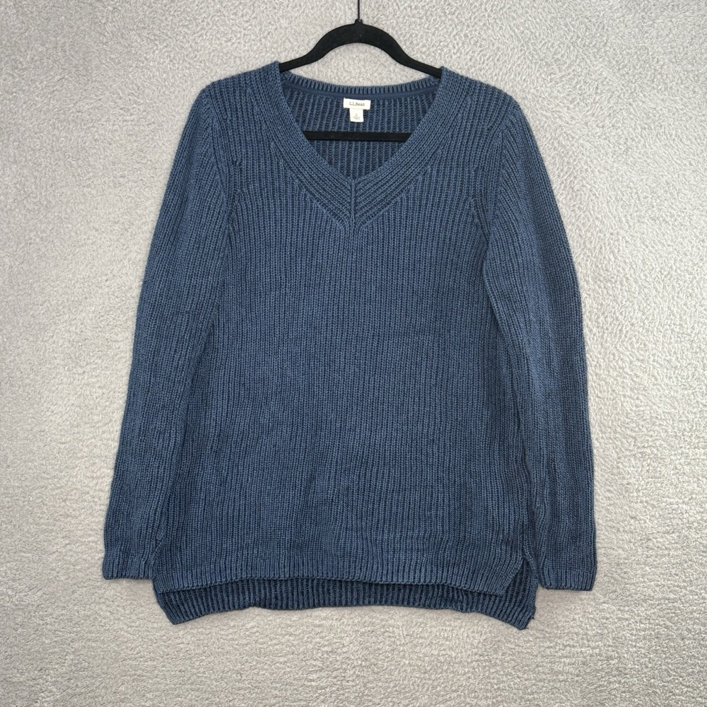 L.L. Bean Women's Shaker Stitch Sweater V-Neck Pullover‎ Cotton Blue Size Large